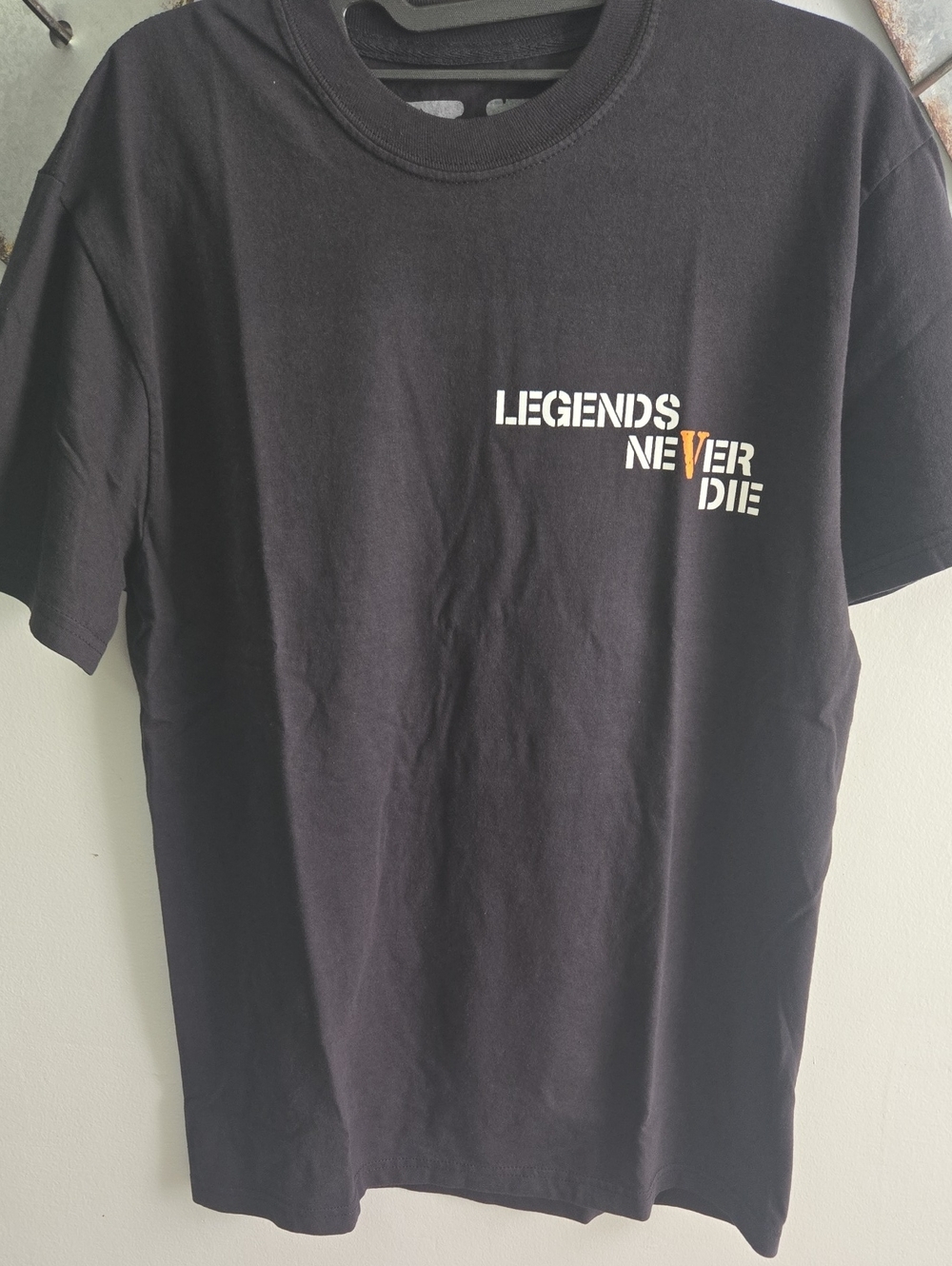 VLONE Black Tee with White and Gold 'LEGENDS NEVER DIE' Chest Print